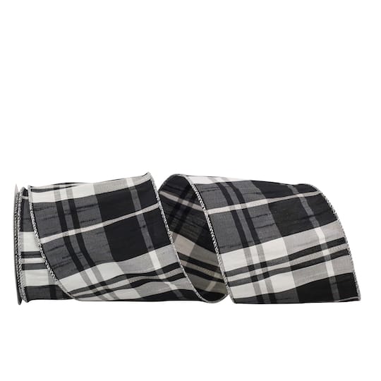 JAM Paper 4" x 10yd. Wired Grand Dupioni Plaid Ribbon with Sparkle Edge